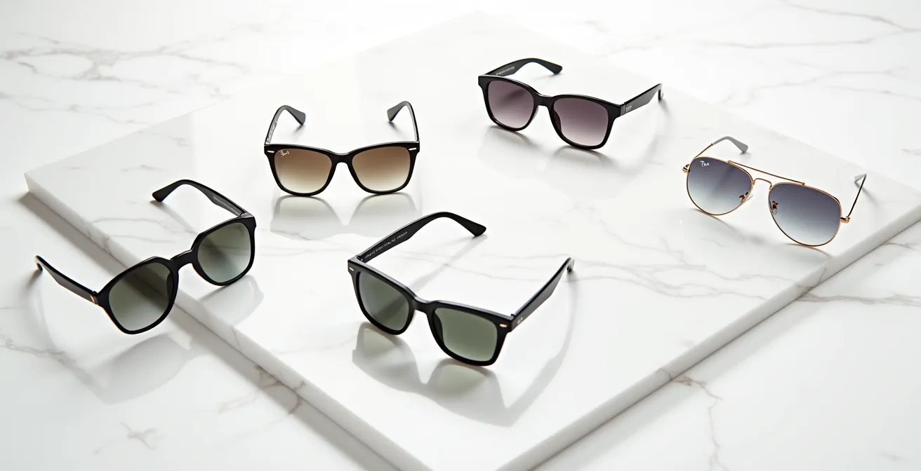 Vue aérienne de plusieurs modèles Ray-Ban disposés sur surface texturée