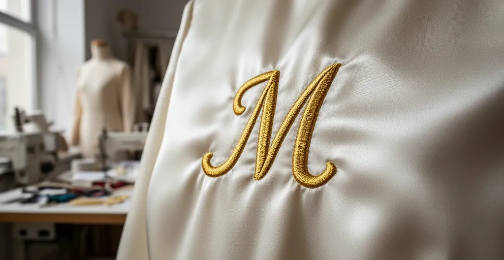 Gros plan de broderie dorée sur tissu satin ivoire