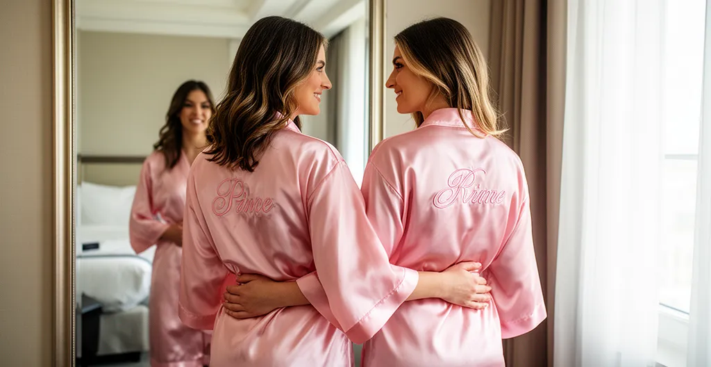 Deux femmes en peignoirs kimono satin rose avec broderie prénom visible