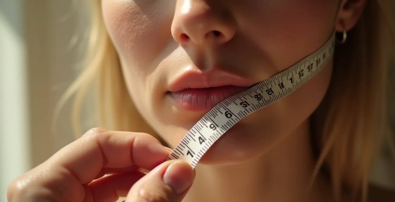 Vue macro des mains mesurant délicatement la largeur du visage avec un mètre ruban