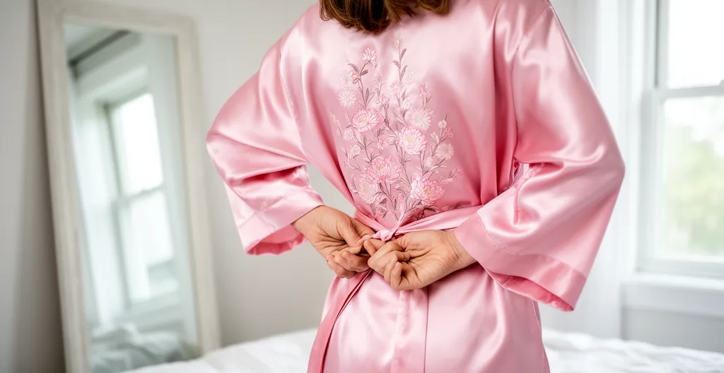 Femme ajustant la ceinture de son peignoir kimono en satin rose brodé devant un miroir
