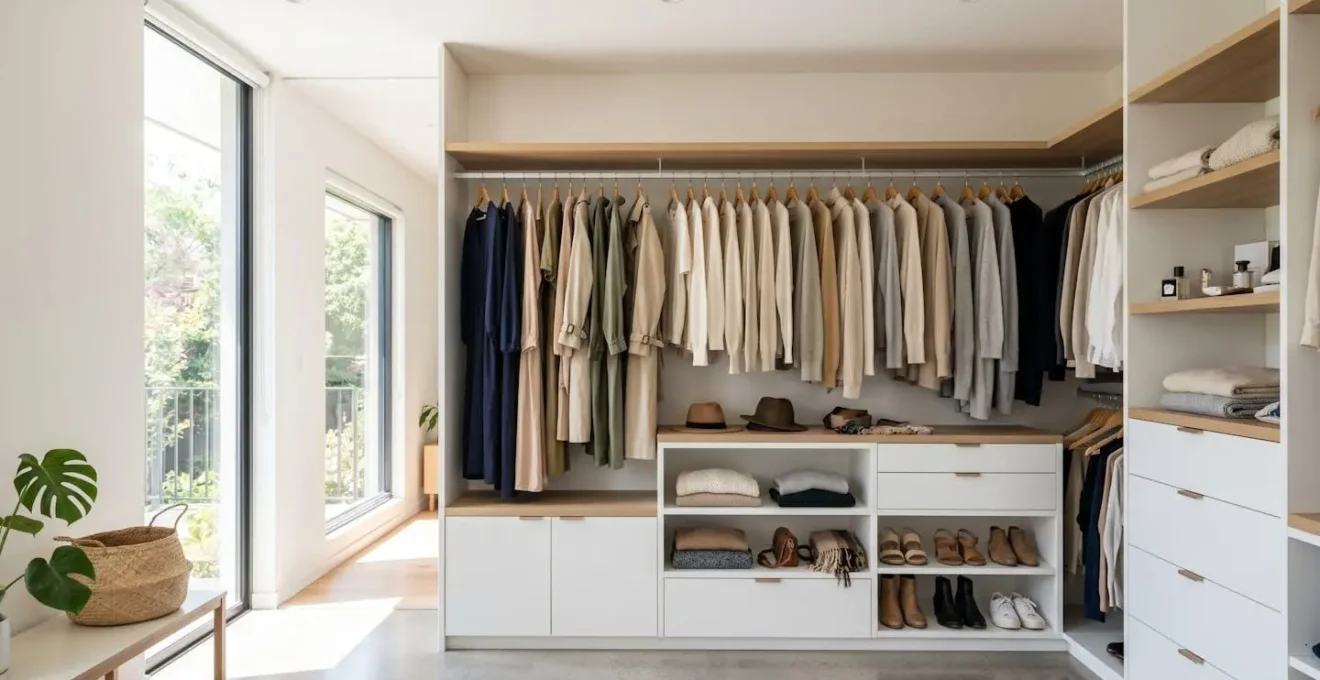 Intérieur d'un dressing moderne et lumineux avec des vêtements longs pudiques suspendus sur des cintres, rangement épuré