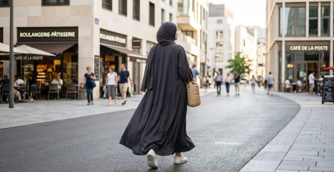 Une femme vue de dos portant une abaya fluide moderne marche dans une rue urbaine lumineuse et apaisée