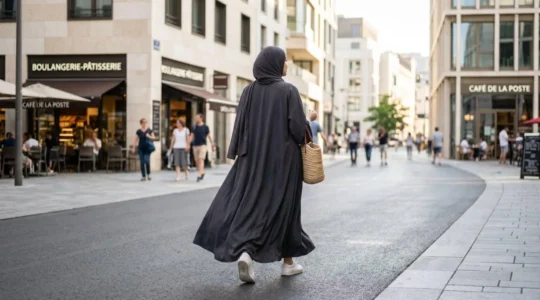 Une femme vue de dos portant une abaya fluide moderne marche dans une rue urbaine lumineuse et apaisée