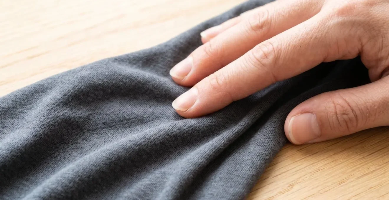 Gros plan macro sur une texture de tissu fluide en jersey, une main effleurant délicatement les fibres douces